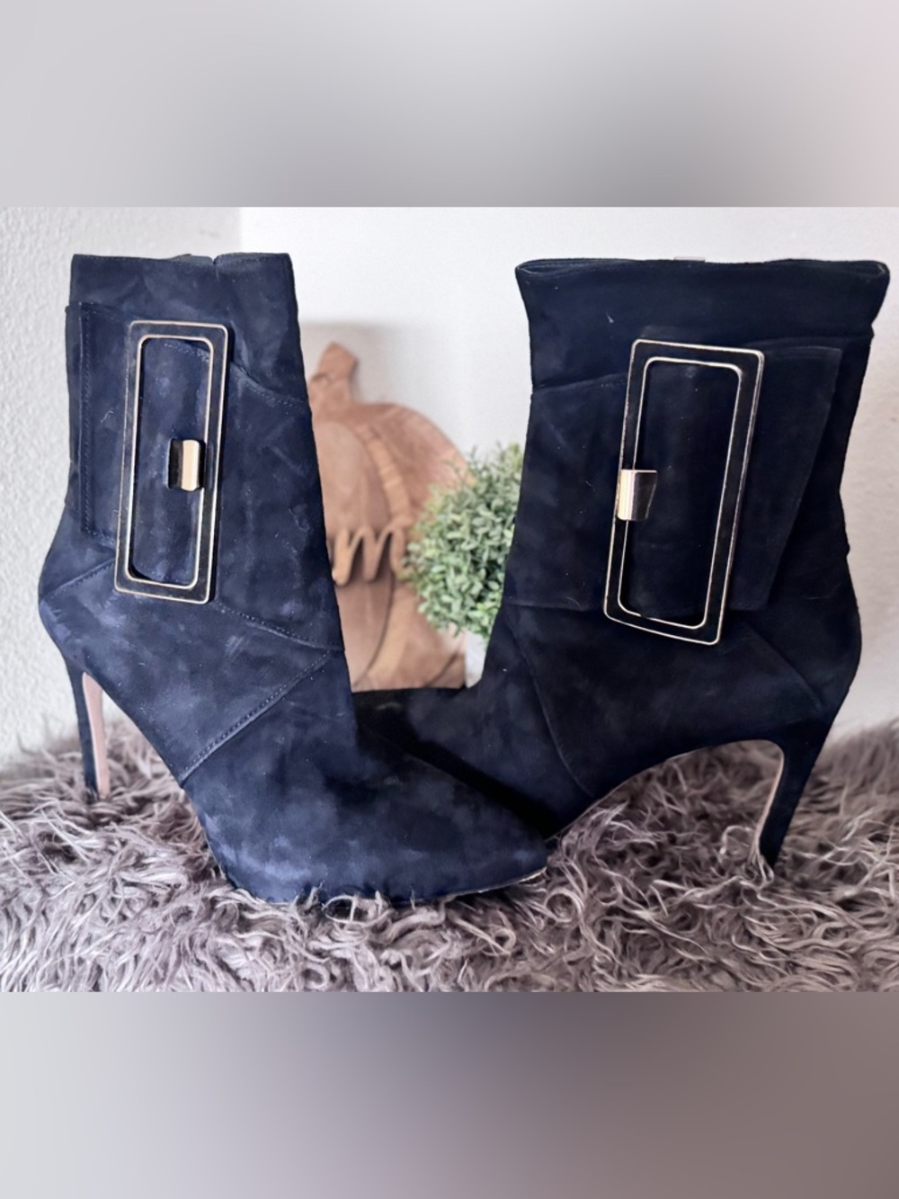 Via Spiga Black Suede Ankle Booties with Gold Accent Buckles